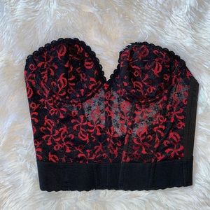 Vintage 90s Black Red Lace Strapless Corset Bra